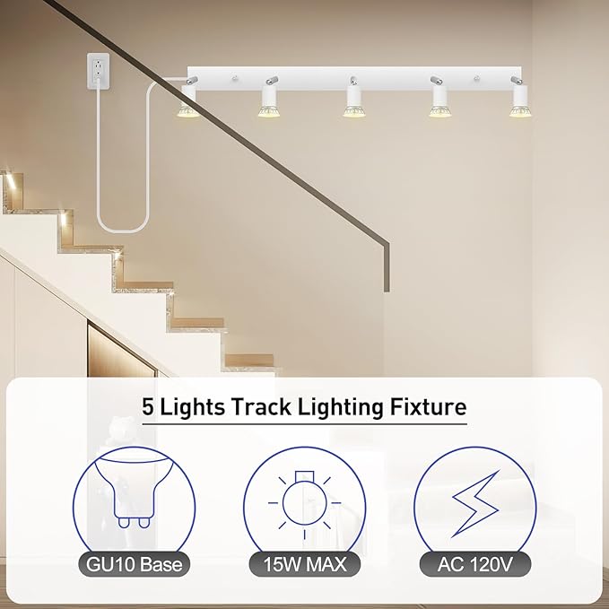 Plug-in Track Lighting, LED Track Lighting Fixtures Ceiling Kit, 30" White Plug in Wall Light with 14.8ft Cord, 3-Light Ceiling Spotlight,Rotatable Kitchen Light Head for Bedroom Hallway(GU10,NO Bulb)