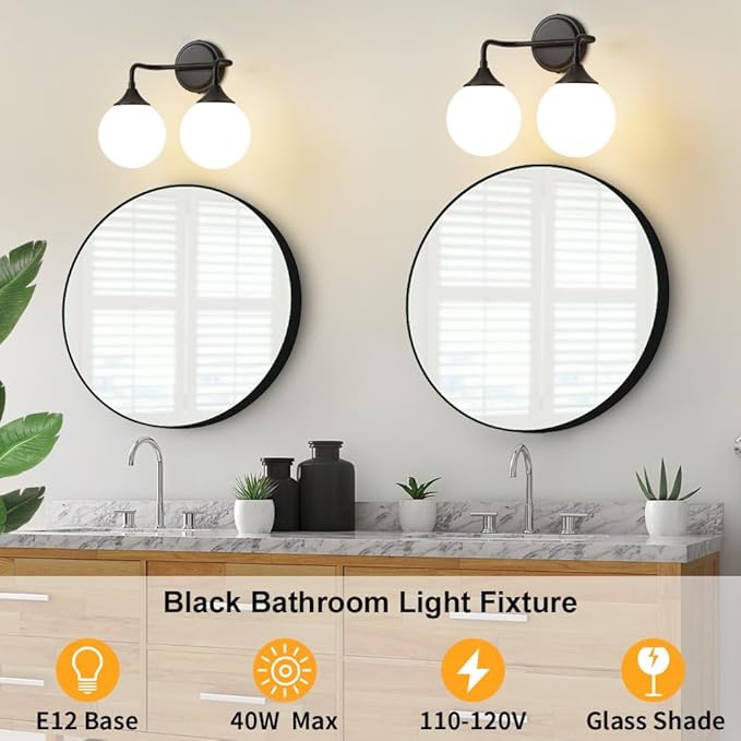 Black Bathroom Light Fixtures, Modern Vanity Lighting Over Mirror, Mid Century Modern Matte Black Wall Sconce 2-Light with Milky White Glass Ball Shades