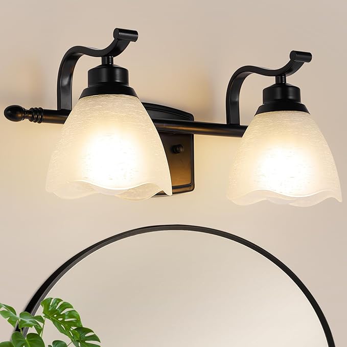 Bathroom Light Fixtures (2-Light, 15 Inch), Matte Black Vanity Lights for Bathroom with White Frosted Glass Shade, Modern Vanity Wall Lights for Mirror Bedroom Living Room Kitchen Hallway Porch