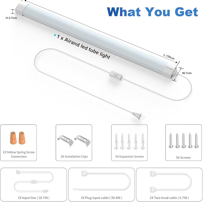 Led Garage Light 5FT Shop Lighting Fixture with Plug in Cord,Waterproof LED Lights 5000K Under Cabinet Lighting Tube Lights 45W for Kitchen Bathroom Workbench