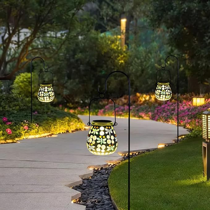 Stargarden 2 Pack Mosaic Solar Lanterns Outdoor Waterproof, Dragonfly Hanging Lantern Decorative Glass Solar Lights for Yard, Patio, Lawn, Gaden Decor