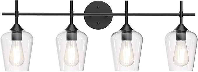 Ralbay Vintage Bathroom Vanity Lighting Fixtures 4-Lights Industrial Matte Black Finish with Clear Glass Vanity Lights Farmhouse Bathroom Vanity Lights Wall Sconce
