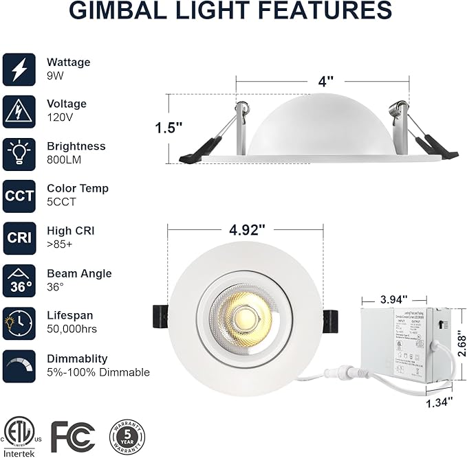 4 Pack White 4-inch 5 CCT Gimbal LED Recessed/Downlight Color Selectable 2700K/3000K/3500K/4000K/5000K 800Lm 9W 120V Dimness Adjustable LED Lights