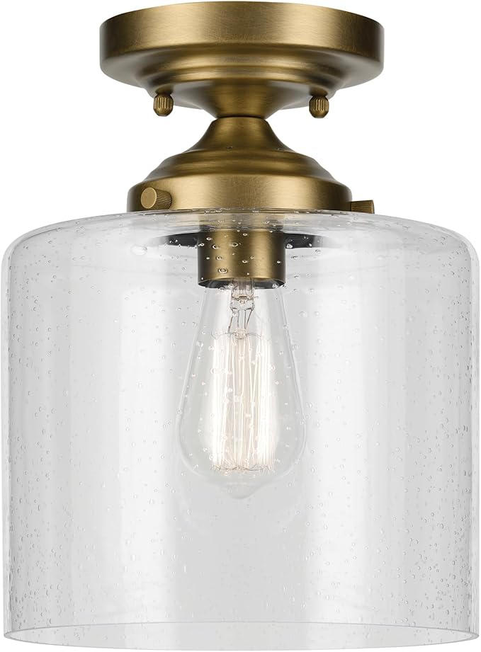 Kichler Winslow 8.5" 1-Light Semi Flush with Clear Seeded Glass in Natural Brass for Secondary Entrances, Transition Areas, Bedroom, or Office (10.75" x 8.5"), 44033NBR
