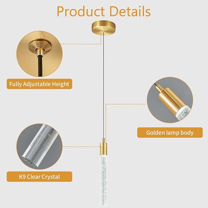 Modern Kitchen Island Pendant Light Dimmable LED Gold Brass Finish Mini Crystal Pendant Lighting Bedroom Bedside Table Small Pendant Lights（2-Pack ）