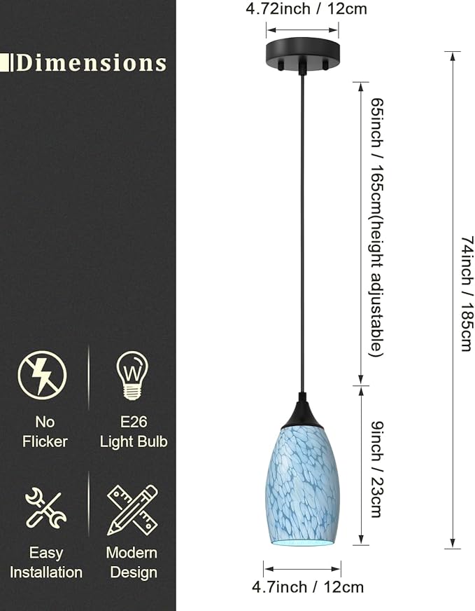 ANYLOVE Vintage Art Blue-White Pendant Lighting,1-Pack Hand Glass Hanging Light Fixture,Adjustable Cord for Kitchen,Hallway,Dining Room