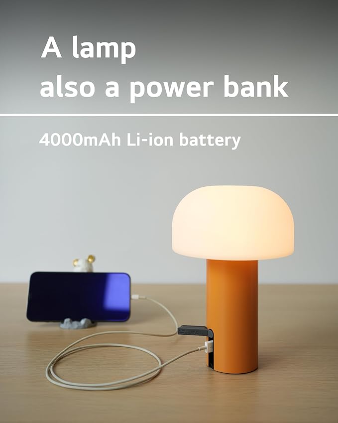 WEILAILUX Cordless Mushroom Table Lamp, Waterproof Shower Lamp, Battery Operated Table Lamp Rechargeable, Touch Dimmable Night Light for Bedroom/Patio/Camping/Dinning/Outdoor (Orange)