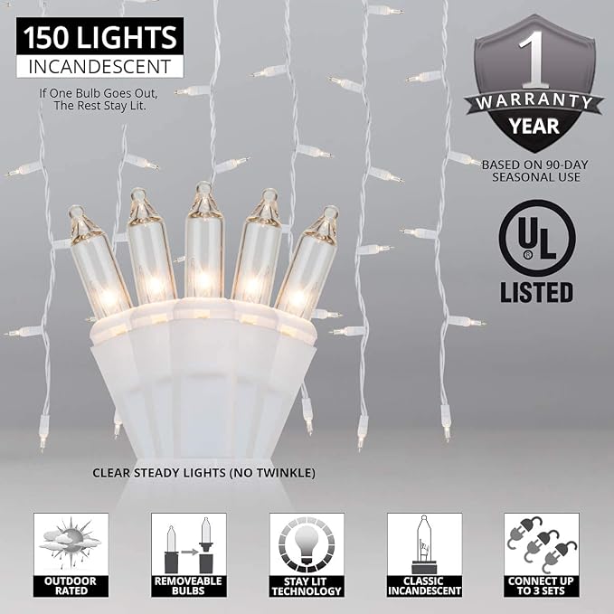 Kringle Traditions 150 Clear Incandescent Curtain Icicle Lights, 5.5' String Lights for Bedroom, Indoor/Outdoor Use