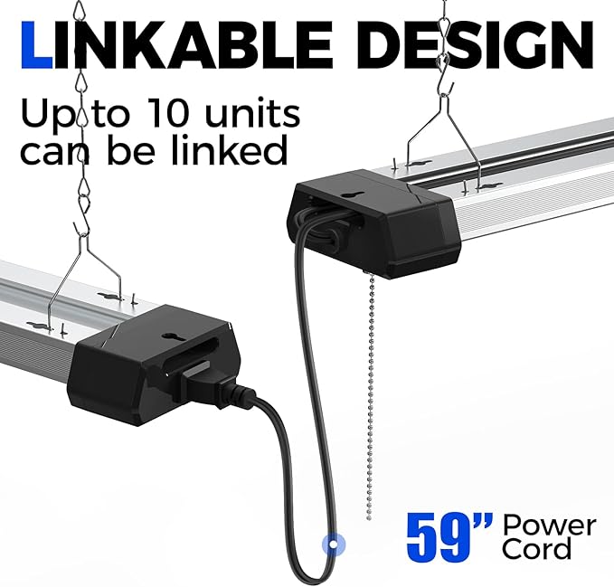 Barrina BS42a 4FT LED Shop Light, 42W, 5000K, 4800LM, Linkable Led Garage Ceiling Lights, Workshop, Hanging or Flush Mount, Concealed Wiring Design, Pull Chain Switch, Heat Dissipation, 2 Packs