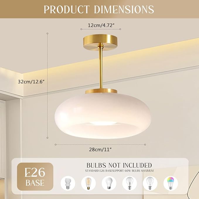 Gold Ceiling Light 1-Light White Glass Semi Flush Mount Ceiling Light Fixtures Mid Century Brass Flush Mount Lamp Milk Glass Shade Modern Close to Lamp for Hallway Bedroom Kitchen