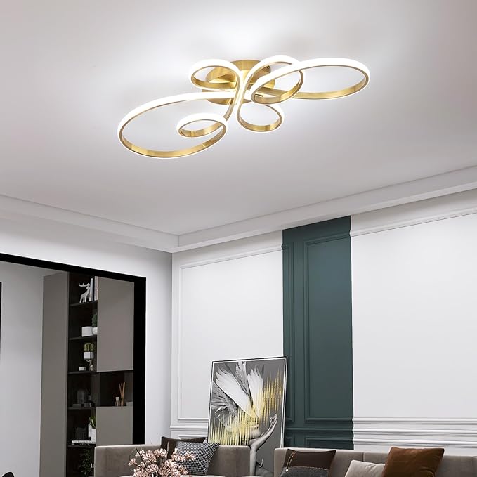 56W Modern LED Ceiling Light, Flower Flush Mount Light Fixture with Remote Control Gold Dimmable Ceiling Lamp for Living Room, Bedroom, Dining Room, Hallway, Kitchen