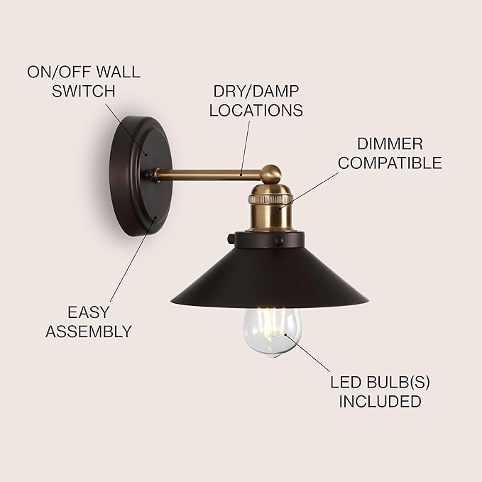 JONATHAN Y 7.8" Oil Rubbed Bronze/Brass Gold 1-Light Industrial Farmhouse Metal Vanity Light Wall Sconce, Metal Shade for Bathroom Mirror, Kitchen, Entryway, LED Bulb Included (JYL7426C)