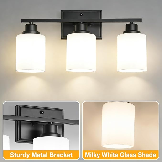 Unicozin 3-Light Bathroom Light Fixtures, Modern Black Vanity Light Over Mirror, Wall Sconces with Milky White Glass Shades for Living Room Bedroom Hallway E26 Base