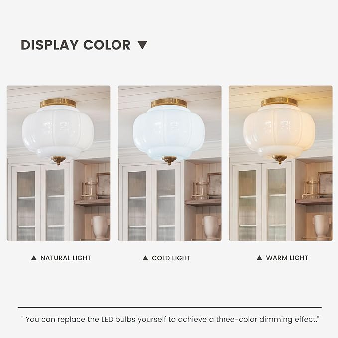 Milk Glass Ceiling Light Fixture - Farmhouse Antique Brass Semi Flush Mount Ceiling Light for Kitchen, Hallway, and Bedroom (White 15 inch)