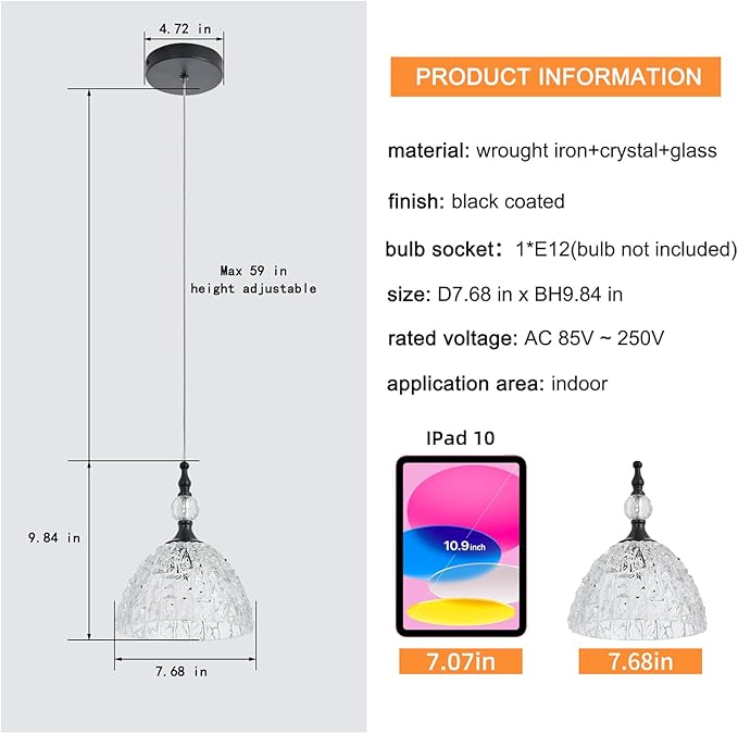 Modern Black and Glass Pendant Light 7.68 in Globe Kitchen Island Lighting Fixture with K9 Crystal Vintage Small Dining Room Light Fixture Lamparas De Techo Modernas Colgantes Para Sala Comedor 2 Pack