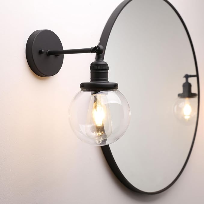 Phansthy 1-Light Wall Sconce, Brass Boho Bathroom Vanity Light, Modern Wall Light with Globe Glass Shade E26 Base, Adjustable Wall Lighting Fixtures for Bedroom, Living Room (Black, Clear Shade)