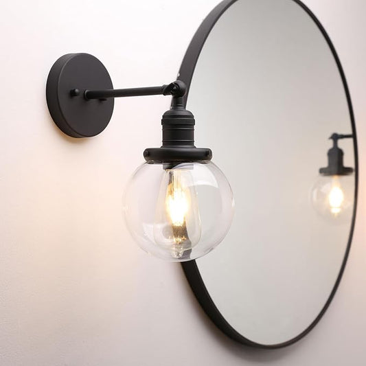 Phansthy 1-Light Wall Sconce, Brass Boho Bathroom Vanity Light, Modern Wall Light with Globe Glass Shade E26 Base, Adjustable Wall Lighting Fixtures for Bedroom, Living Room (Black, Clear Shade)