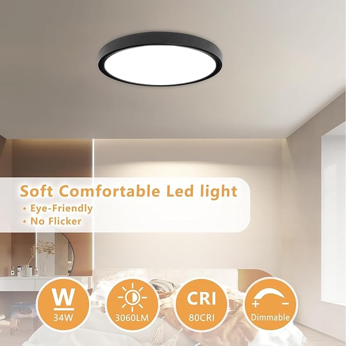 4PK Dimmable 15.8 Inch Led Ceiling Light Flush Mount, 34W, 3060LM, 3000K/3500K/4000K/5000K/6500K CCT, 0.98" Super Slim Close to Ceiling Round Flat Panel Light for Hallway,Kitchen ect, Black