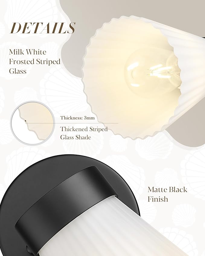 Indoor Wall Light Fixture, HWH Modern Wall Sconce Vanity Light with Frosted White Striped Glass Shade, Matte Black Single Wall Sconce for Bathroom Bedroom, 5HZG97B BK