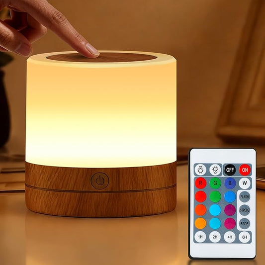 Portable Night Light for Kids, USB Rechargeable Small Desk Lamp,13 RGB Colors & 4 Brightness & 1 Remote, Touch Bedside Table Lamp for Nursery Bedroom Living Room Home (Wood Grain)