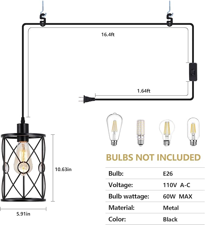 Plug in Industrial 2 Pack Farmhouse Pendant Light, Mini Cage Pendant Lighting in Black Finish with Crystal, Adjustable Length Hanging Light Fixture for Hallway, Bedroom, Living Room, Kitchen