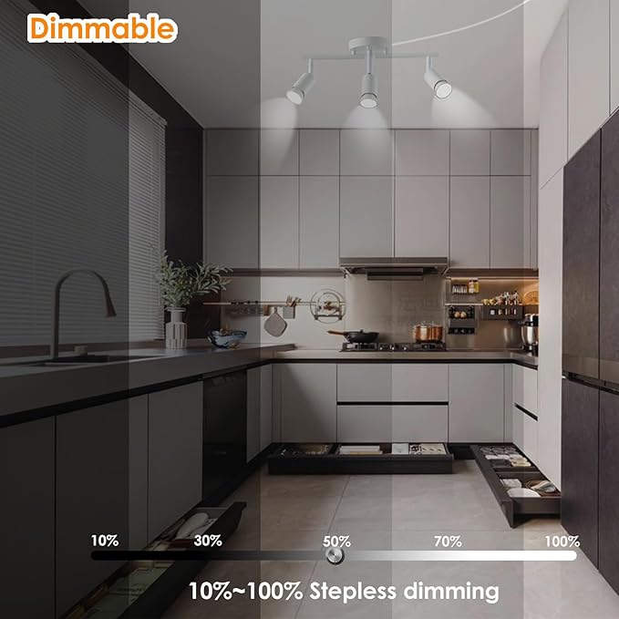 Dimmable 3 Light White Plug in Track Light White Plug in Ceiling Lighting Fixture with 16.4' Long Cord,3 Way Ceiling Spotlight,Rotatable Wall Mount Light Head,LED dimmable Spot Bulbs Included