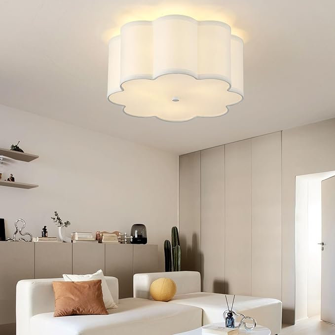13.4"Semi Flush Mount Ceiling Light Fixture, 3-Light Modern Close to Ceiling Light With Fabric Flower-Shaped Shade, Light Fixtures Ceiling Mount for Bedroom Nursery Kids Room Living Room(White)