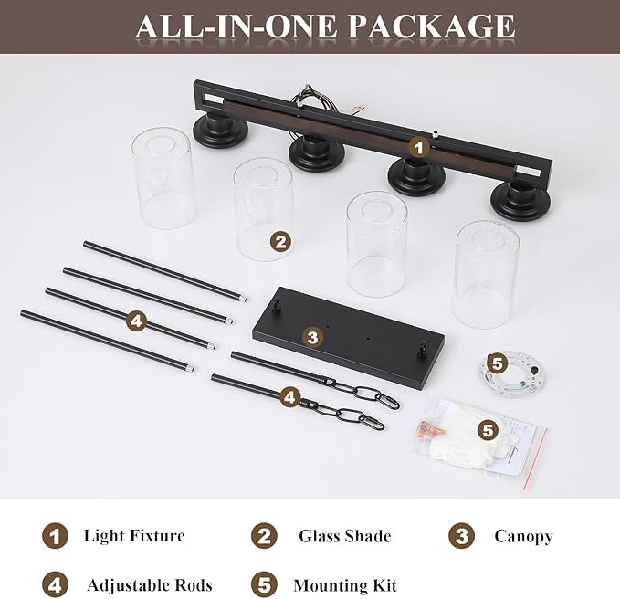 Farmhouse Dining Room Light Fixture, 4-Light Wood Kitchen Island Lighting for Dining Room Over Table, Black Adjustable Pendant Light with Seeded Glass Shades, Linear Chandeliers Lighting for Kitchen
