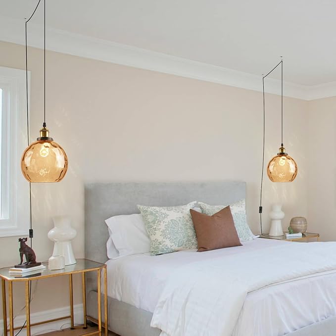Amber Glass Plug in Pendant Light, Mid Century Gold Hanging Lamps for Living Room Bedroom, 7.8" Hammered Globe Vintage Hanging Light Fixture with Plug in Cord On/Off Switch