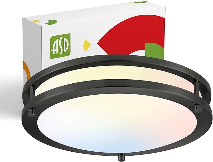 ASD LED 12" Round Flush Mount Lighting, Close to Ceiling Light Fixture | 3CCT, Dimmable, Energy Star, ETL Listed | 20W 1532LM 3000-5000K 120V | Low Profile Double Ring Lamp | Black