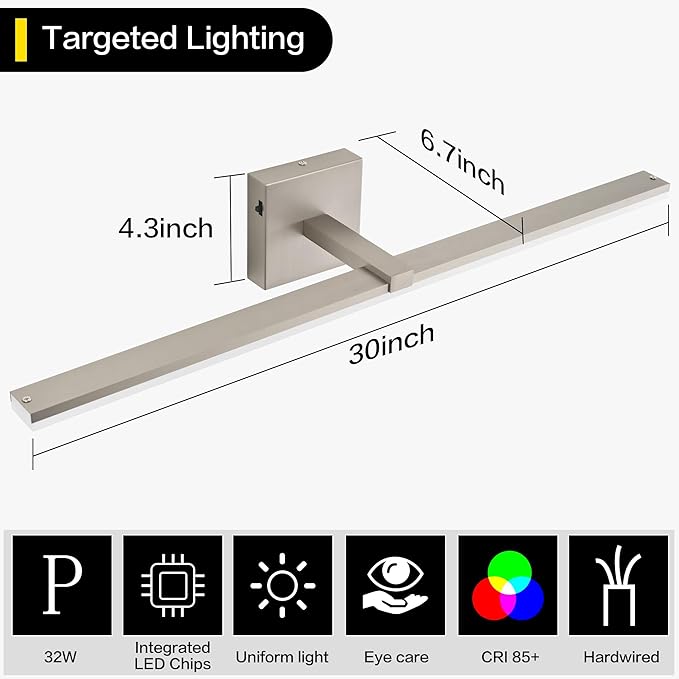 ZUZITO 30 Inch Bathroom Light Fixtures Over Mirror Brushed Nickel Arm Wide LED Vanity Bar 6000K Aluminum ETL IP44