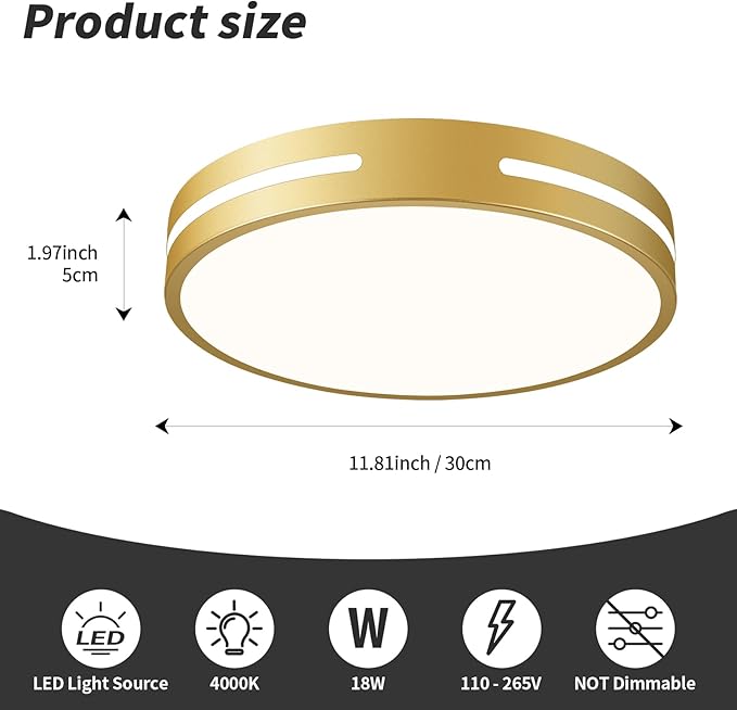 Modern Brushed Gold Flush Mount Ceiling Light Mid-Century LED Ceiling Light Bedroom Light Fixture Minimalist Ceiling Lamp for Laundry Room Kitchen Hallway Bathroom 11.81 Inch