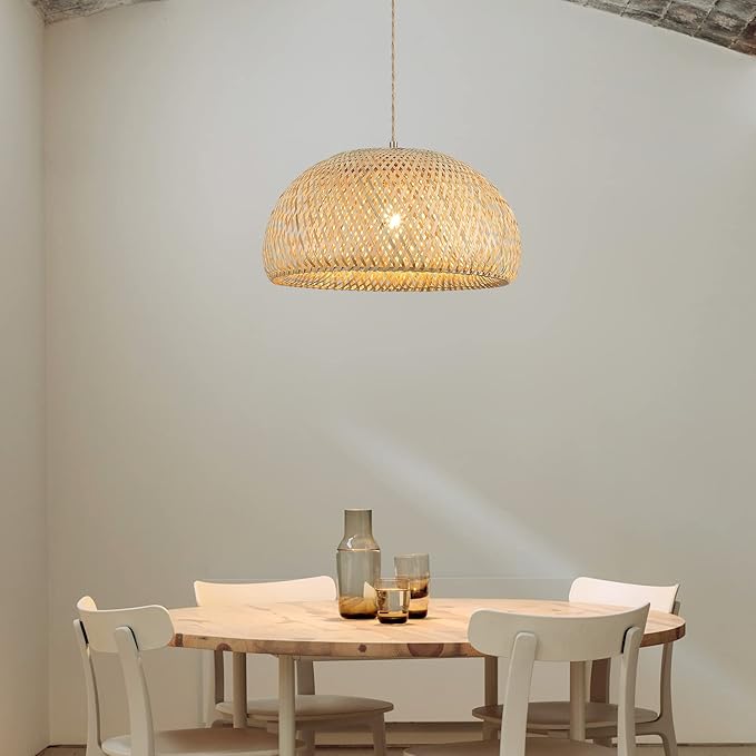 Bamboo Large Pendant Light Fixture 17.8 inch One-Light Adjustable Rustic Basket Handmade Woven Pendant Lighting for Kitchen Island Farmhouse Dining Room Living Room