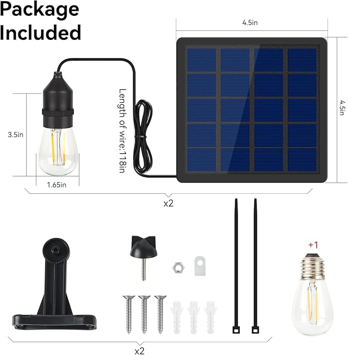 Solar Light Bulb Dusk to Dawn Outdoor Waterproof 3000K with Cable 9.8FT Portable Solar Powered Pendant Lingting for Replacement DIY, Chicken Coop, Shed 2 Pack