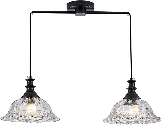 HDDFL 2 Light Pendant Light Fixtures Modern Glass Hanging Lights with Adjustable Cord for Kitchen Island Dining Room Living Room Hallway Black Metal