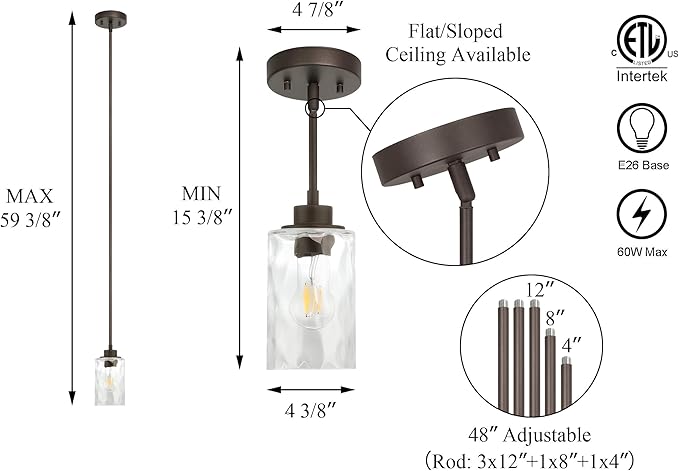 XiNBEi Lighting Pendant Lighting 1 Light Mini Pendant Light with Glass, Modern Adjustable Kitchen Hanging Ceiling Light Dark Bronze Finish XB-P1227-DB