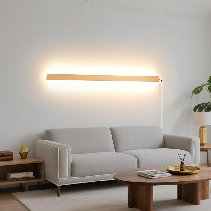 KELUOLY Modern Plug in Long Wall Sconce, 39" Gold Matte LED Wall Lights, 20W Warm White 3000K Acrylic Indoor Wall lamp, with 59" Plug Cable for Bedroom, Living Room, Hallway