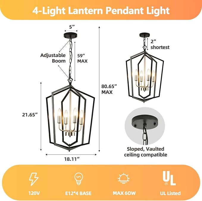 WJShome 18.1" Farmhouse Chandeliers for Dining Room, 4-Light Modern Foyer Lighting Fixture,Black and Silver Hanging Lantern Pendant Light, for Kitchen Island,Hallway,Entryway