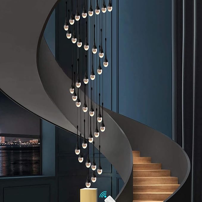 ykolupty H150'' High Ceiling Chandeliers for Entryway 36-Lights Black Spiral Crystal Chandelier Modern Raindrop Chandeliers for Villa Staircase,Hanging Light Fixtures for High Ceiling