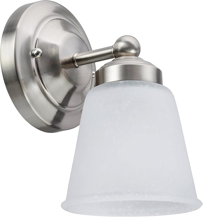 Aspen Creative 62012-1, One-Light Metal Bathroom Vanity Wall Light Fixture, 5" Wide, Transitional Design in Satin Nickel with Frosted Seeded Glass Shade