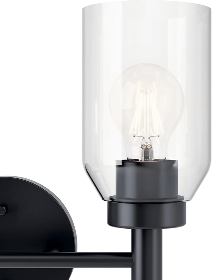 Kichler Madden 2-Light Bathroom Vanity Light Fixture with Clear Glass in Black, Modern Wall Mount Over Mirror for Single or Double Vanity (10.5" x 14.25"), 55184BK