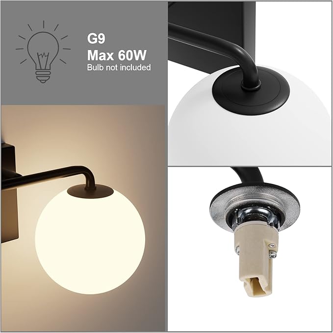 Tipace 2 Lights Mid Century Vintage Bathroom Vanity Light Fixtures Over Mirror Black Industrial Vanity Lights with Milk White Glass Globe Farmhouse Bath Lighting(Exclude Bulb)