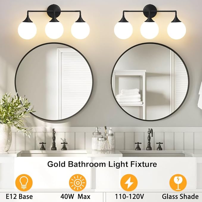 Black Bathroom Light Fixtures, Modern Vanity Lighting Over Mirror, Mid Century Modern Matte Black Wall Sconce 3-Light with Milky White Glass Ball Shades
