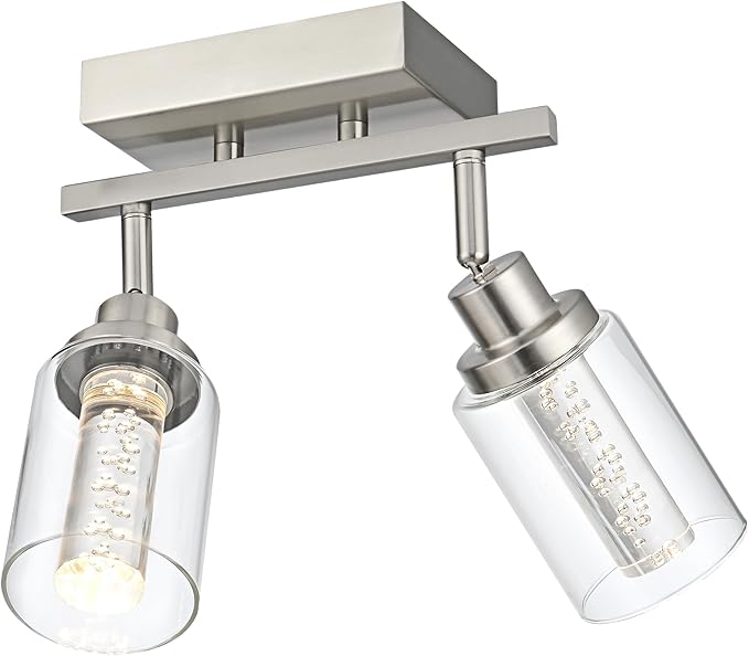 MELUCEE 2 Light Track Lighting Kit Brushed Nickel LED Kitchen Track Lighting Fixtures Ceiling Mount Rotatable Spotlight Bathroom Wall Scones with Clear Glass, Built-in LED Chips, 5-Color Temperature