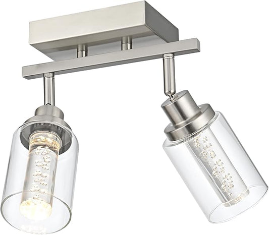 MELUCEE 2 Light Track Lighting Kit Brushed Nickel LED Kitchen Track Lighting Fixtures Ceiling Mount Rotatable Spotlight Bathroom Wall Scones with Clear Glass, Built-in LED Chips, 5-Color Temperature