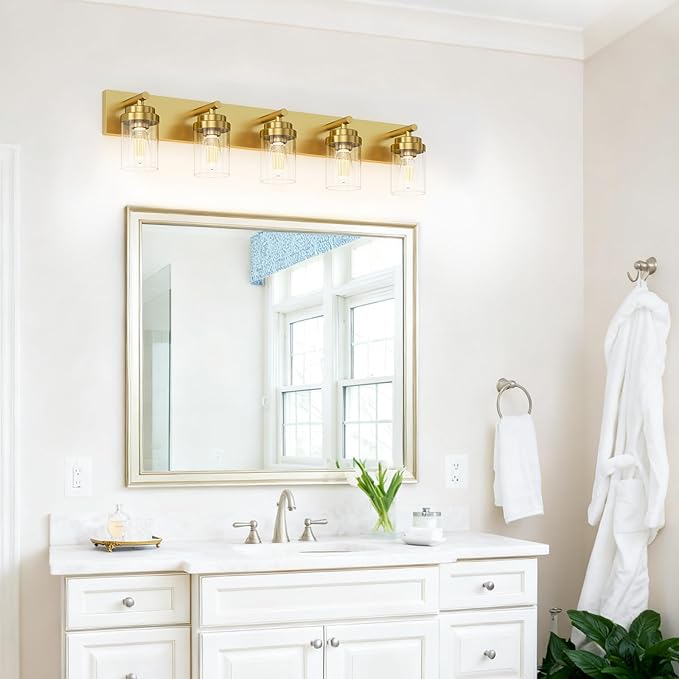 IZORRO Bathroom Vanity Light Fixture, 5-Light 36 Inch Gold Bathroom Light Fixtures Over Mirror, with Clear Glass Shade, Modern Farmhouse Vanity Lights, Rustic Restroom Lighting Fixtures