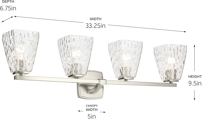 Kichler Marant 33.25" 4-Light Bathroom Vanity Light Fixture with Clear Water Glass in Brushed Nickel, Modern Wall Mount Over Mirror for Powder Room (33.25" W x 9.5" H), 55217NIWTR