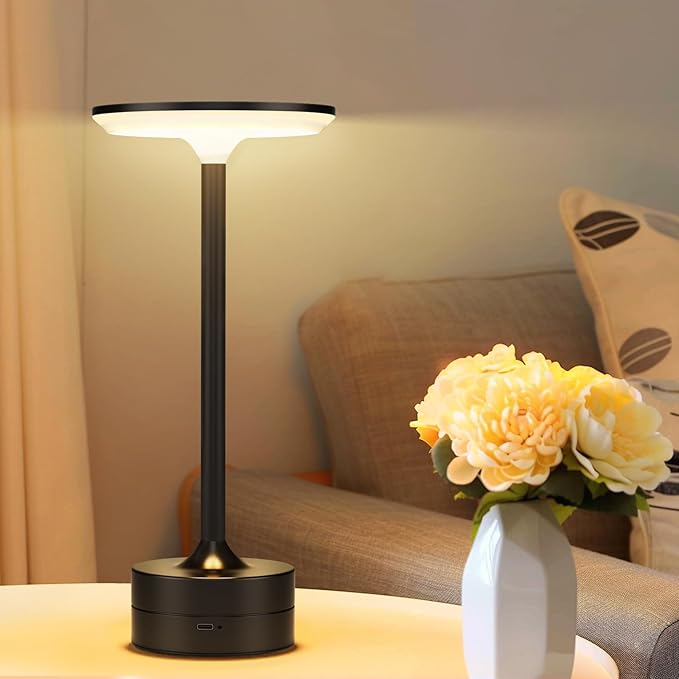 FRIDEKO HOME Cordless Table Lamp Portable LED Desk Lamp Battery Operated 3 Color Desk Light Stepless Dimming Night Light for Restaurant/Bedroom/Bars/Outdoor Party/Camping/Coffee Shop