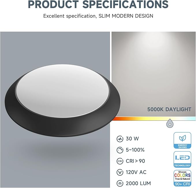 ECOELER 8 Inch Round Flush Mount Ceiling Light, Round Dimmable Lighting Fixture, 30W, 2000 Lumens, 5000K, Day Light, Aluminum Baffle Trim, Black, ETL Listed