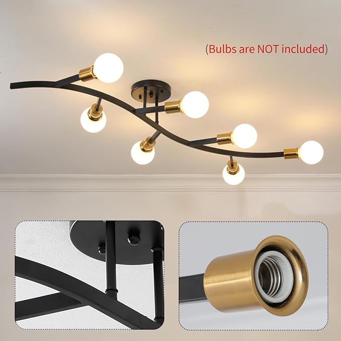 Black and Gold Modern Sputnik Semi Flush Mount Ceiling Light Fixture 7-Lights,Mid Centur Minimalist sputnik Chandelier for Living Room,Dining Room,Bedroom,Kitchen,Hallway(Bulbs Not Included)